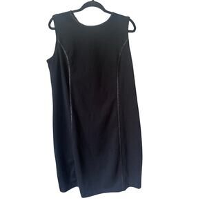 IMAN Black Sleeveless Faux Leather Trim Dress Size 14 Gold Zip Back Stretch Knit